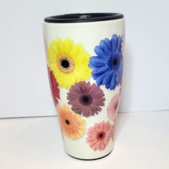 SPOONTIQUES CERAMIC "FLOWERS" TRAVEL MUG WITH LID HOT & COLD BEVERAGES - Picture 2 of 7